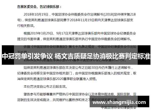 中冠罚单引发争议 杨文吉质疑足协消极比赛判定标准