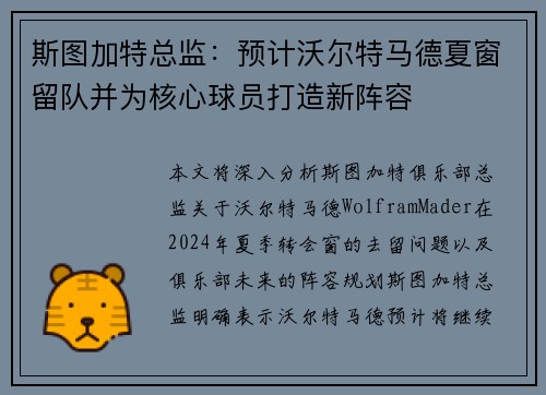 斯图加特总监：预计沃尔特马德夏窗留队并为核心球员打造新阵容