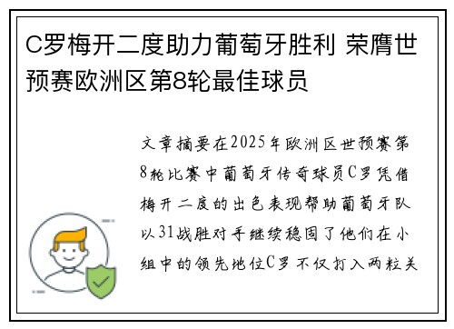 C罗梅开二度助力葡萄牙胜利 荣膺世预赛欧洲区第8轮最佳球员